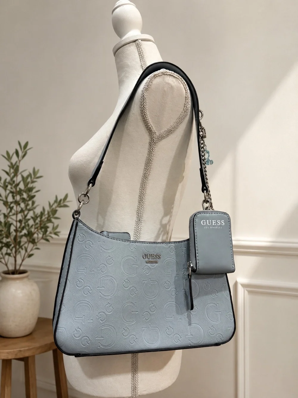 GUESS Light Blue Embossed Logo Shoulder‎ Bag with Phone Pouch